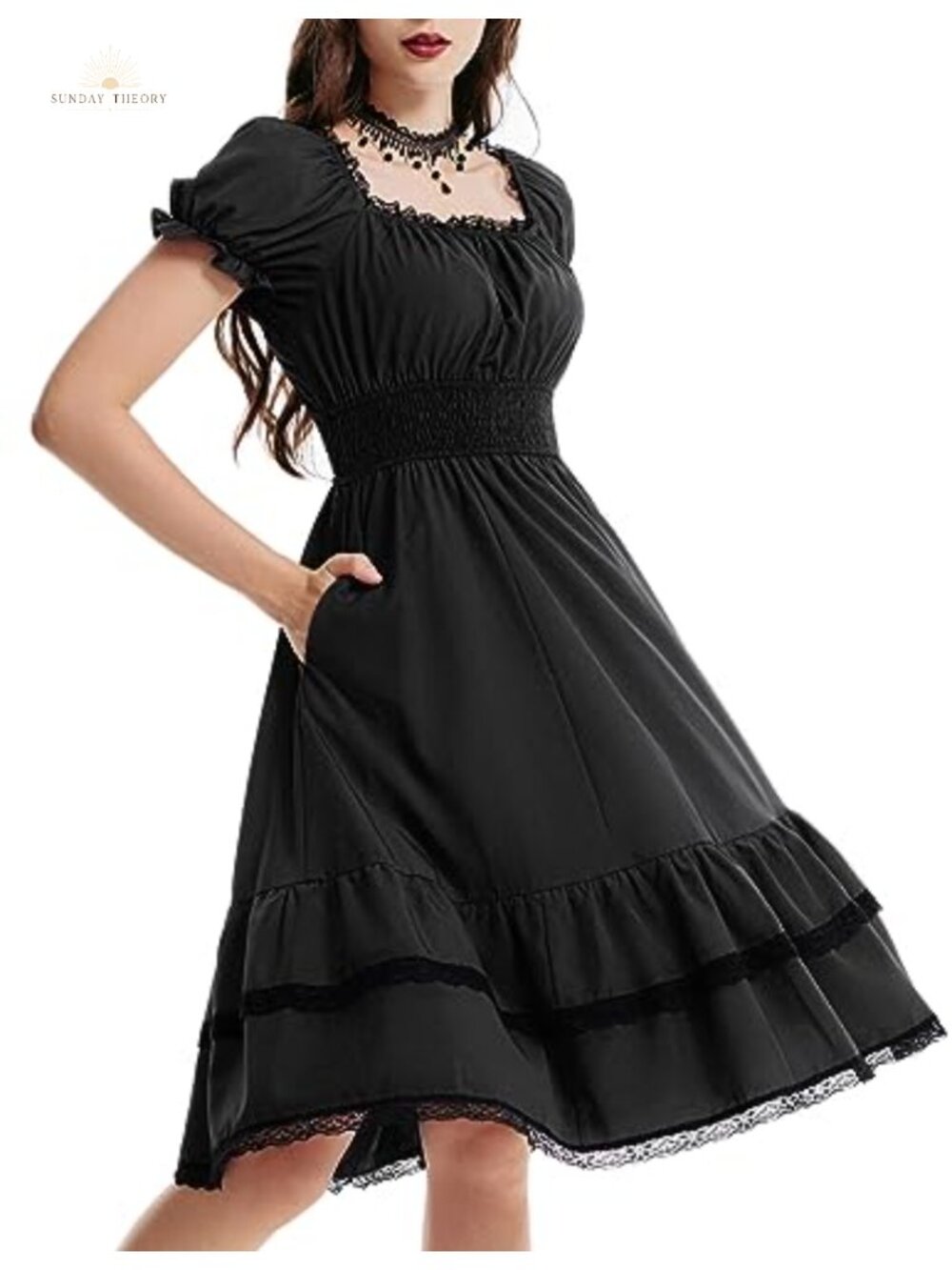 Gothic Pirate Corset A-Line Midi Dress Square Neck Puff Sleeve with Pockets